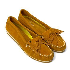 Minnetonka Suede Moc Boat Shoes - Kilty Plus, Saffron Gold, Size 11